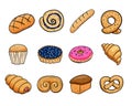 Bread, donut and croissant cartoon set. Colorful sweet isolated on white background.