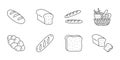 Bread doodle illustration including icons - baguette, basket, slice, challah. Thin line art about baking products