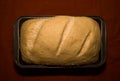 The bread dough has risen, the bread dough is ready for baking. Homemade yeast bread from white flour in a square baking dish. Royalty Free Stock Photo