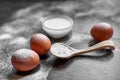 Bread, flour, eggs and cherry tomatoes. Royalty Free Stock Photo