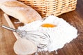 Bread, flour, eggs and kitchen utensil Royalty Free Stock Photo