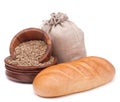 Bread, flour sack and grain isolated on white background cutout Royalty Free Stock Photo