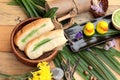 Bread with green custard and fresh milk. Royalty Free Stock Photo