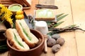 Bread with green custard and fresh milk.