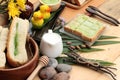 Bread with green custard and fresh milk. Royalty Free Stock Photo