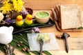 Bread with green custard and fresh milk. Royalty Free Stock Photo