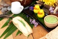 Bread with green custard and fresh milk. Royalty Free Stock Photo