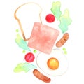 Bread, ham ,sausage ,fried egg and vegetable watercolor.