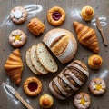 The bread has a rustic dusting of flour, and the pastries are Royalty Free Stock Photo