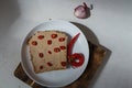 Bread with home made meat spread, chicken pate, turkey pasty, hot pepper, red onion. White plate on wooden board. Top view, copy Royalty Free Stock Photo