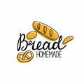 Bread homemade emblem. Hand drawn doodle label for bakery food packaging, local product simple stamp, lettering text with line