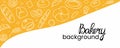 Bread horizontal background. Bakery doodle products, baguette, croissant and bagel. Cartoon white elements on yellow, advertising