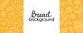 Bread horizontal background. Bakery doodle products, baguette, croissant and bagel. Cartoon white elements on yellow, advertising