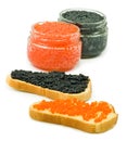 Bread and jars black and red caviar Royalty Free Stock Photo