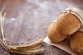 Bread loaf rustic selection of rye, soda, bloomer breads, with granary and oated rolls and ears of wheat. Royalty Free Stock Photo