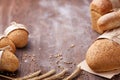 Bread loaf rustic selection of rye, soda, bloomer breads, with granary and oated rolls and ears of wheat. Royalty Free Stock Photo