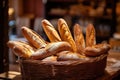 Bread loaves close up view. Fresh baked bread, traditional bakery background. Generative AI