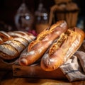 Bread loaves close up view. Fresh baked bread, traditional bakery background. Generative AI