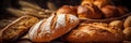 Bread loaves close up view. Fresh baked bread, traditional bakery background. Generative AI