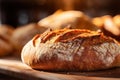 Bread loaves close up view. Fresh baked bread, traditional bakery background. Generative AI