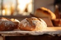 Bread loaves close up view. Fresh baked bread, traditional bakery background. Generative AI