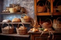 bread loaves in wicker baskets on a wooden shelf Royalty Free Stock Photo