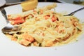 Bread, Lobster Scampi Linguini and spoon Royalty Free Stock Photo