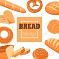 Bread logo. Bakery shop logotype. Emblem or label with wheat baguette loaf and bun. Fresh tasty pretzel and croissant