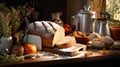 Bread Machine baking Month. Fragrant freshly baked homemade sliced bread on the table.