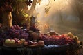 bread, meat, cheese, nuts. Farm to table. Grapes, peaches, strawberry, medieval feast. sun rays shining down the ranch Royalty Free Stock Photo