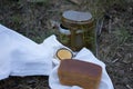 Bread and military flask on a white towel