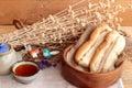 Bread with milk tea custard and hot tea. Royalty Free Stock Photo