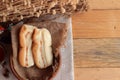 Bread with milk tea custard and hot tea. Royalty Free Stock Photo