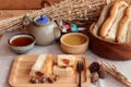 Bread with milk tea custard and hot tea. Royalty Free Stock Photo