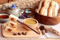 Bread with milk tea custard and hot tea. Royalty Free Stock Photo