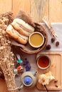 Bread with milk tea custard and hot tea. Royalty Free Stock Photo