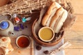 Bread with milk tea custard and hot tea. Royalty Free Stock Photo