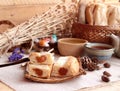Bread with milk tea custard and hot tea. Royalty Free Stock Photo