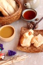 Bread with milk tea custard and hot tea. Royalty Free Stock Photo