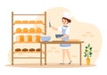 Bread Mill Illustration with Wheat Sacks, Various Breads and Windmill for Web Banner or Landing Page in Flat Cartoon Hand Drawn