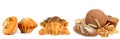 Bread , muffins and croissants on white. Collage. Wide photo. Free space for text Royalty Free Stock Photo