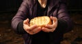 Bread necessity middle aged woman holds last money, world crisis concept