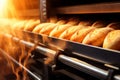 Bread in the oven at a bakery. Production and baking of fresh bread. Industrial furnace. Baking bread. Fire, smoke and steam. Royalty Free Stock Photo