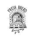 Bread oven. Baking on the board. Engraved hand drawn in old sketch and vintage style for label, logo and menu, bakery