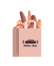 Bread in paper bag different bakery pastry products in package
