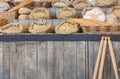 Bread and pasta group on a rustic wooden worktop with copy space, healthy eating concept. Royalty Free Stock Photo