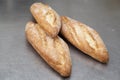 Bread pieces on a metallic kitchen surface.