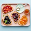 Bread on a pink rectangular tray, each topped with different Royalty Free Stock Photo