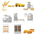 Bread Production from Grain Crop Harvesting to Grinding and Baking Vector Illustration Set