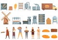 Bread production icons set cartoon . Bread factory